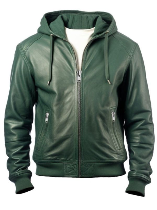 Men Faux Leather Jacket with Hood Green