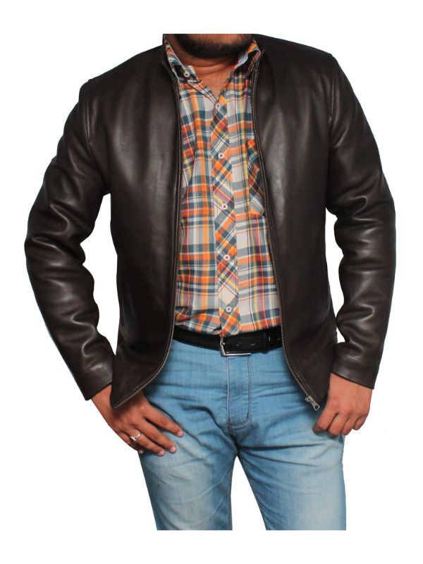 Men Casual Style Classic Leather Jacket- Dark Brown