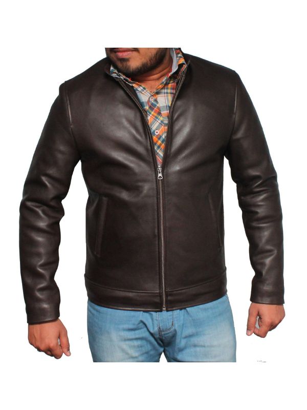 Men Casual Style Classic Leather Jacket- Dark Brown