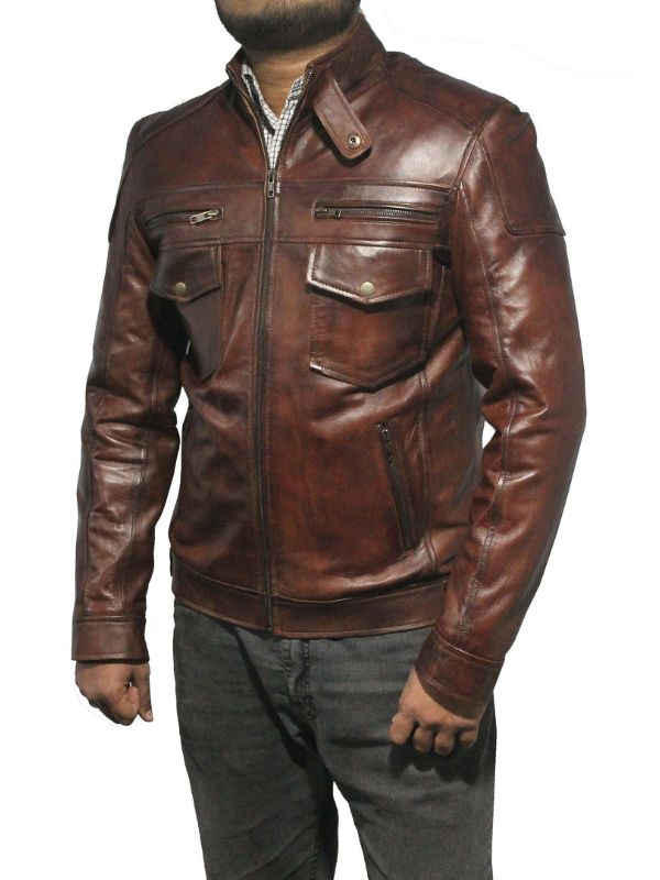 Men Strap Pocket Classic Leather Jacket - Brown