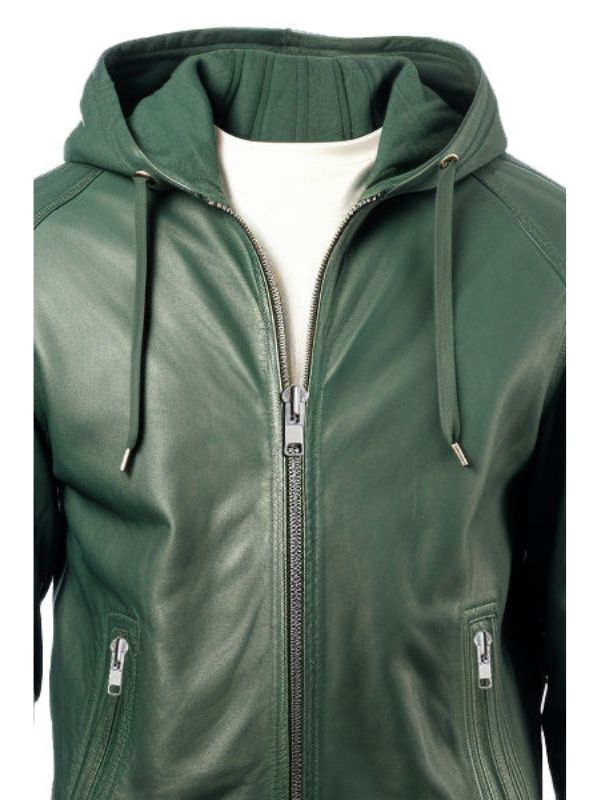 Men Faux Leather Jacket with Hood Green