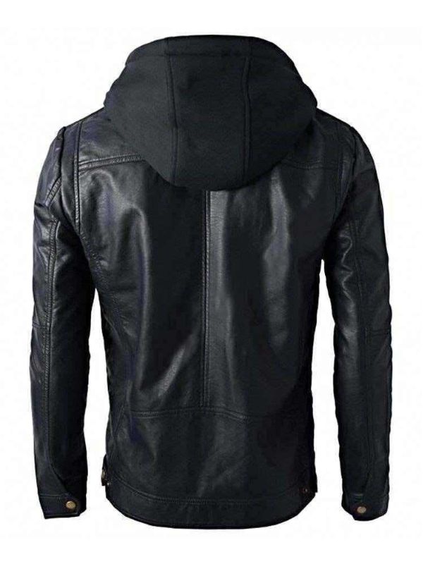 New Men's Motorcycle Brando Style Biker Real Leather Detachable Hoodie Jacket - Black