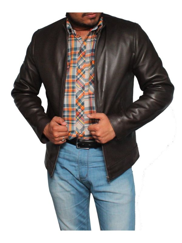 Men Casual Style Classic Leather Jacket- Dark Brown