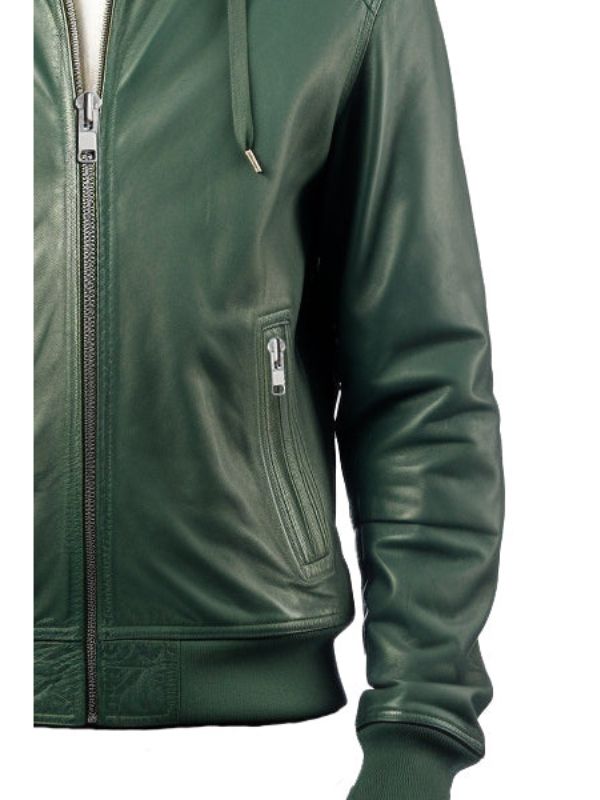 Men Faux Leather Jacket with Hood Green