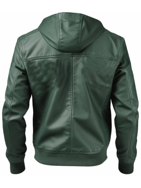 Men Faux Leather Jacket with Hood Green