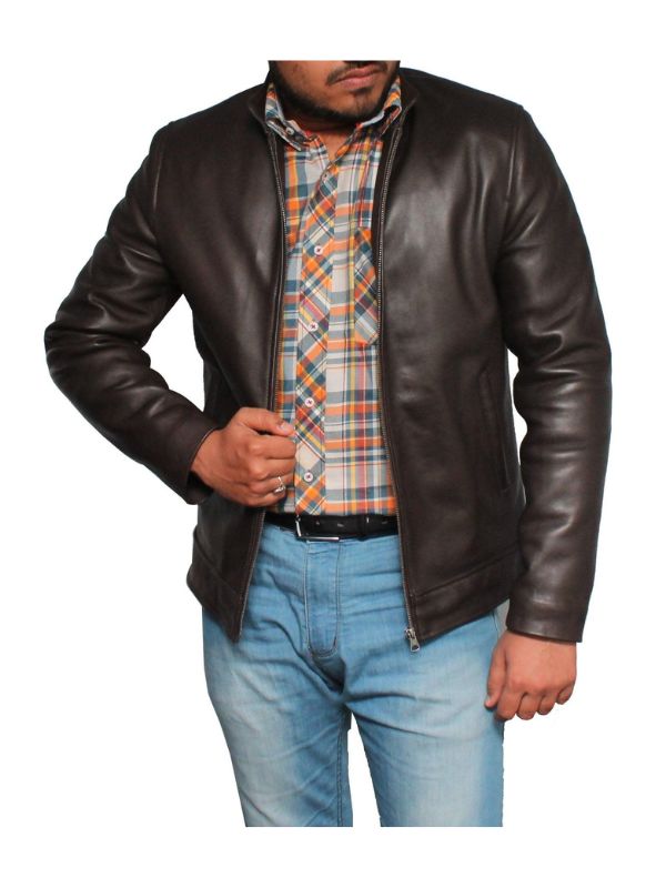 Men Casual Style Classic Leather Jacket- Dark Brown
