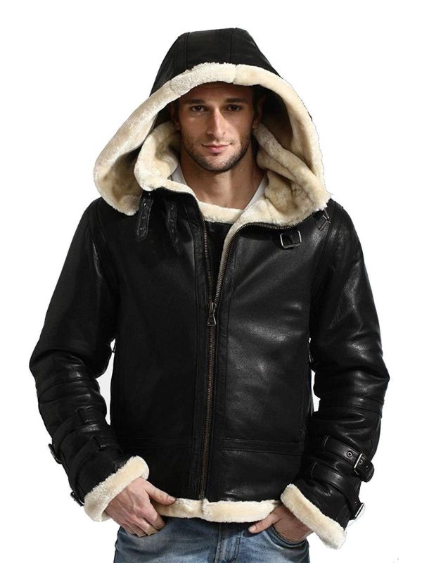 B3 Bomber Hooded Leather Jacket - Black