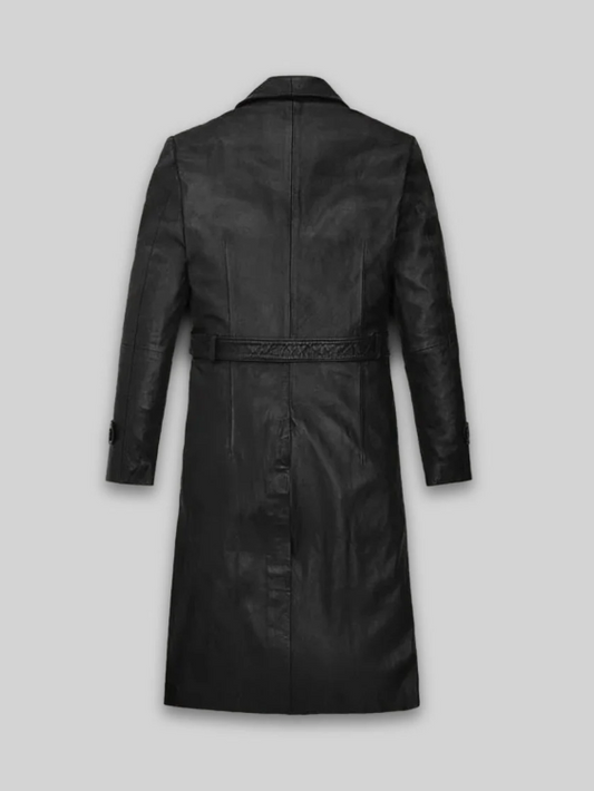 Beltaire Men's Black Belted Leather Long Coat — angled side view