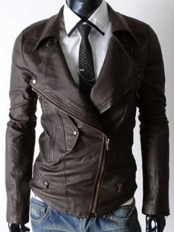 Biker Style Slim Fit Brown Leather Jacket