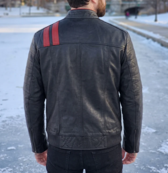Black Leather Jacket With Red Stripe For Men