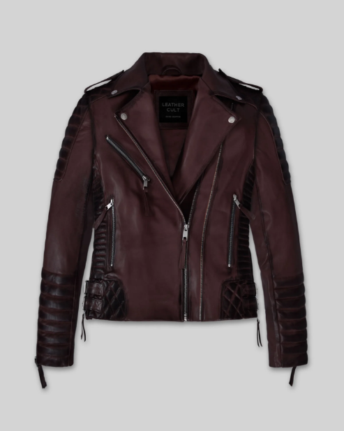 Charlotte Women's Burnt Wine Leather Biker Jacket — front view