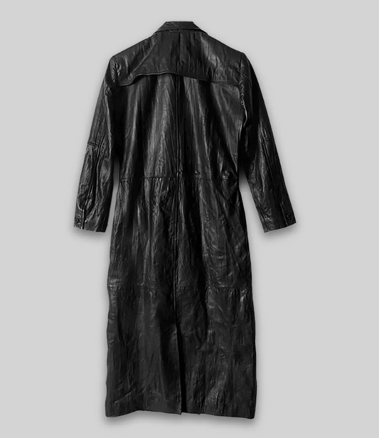 Gambit Men's Black Leather Trench Coat — angled side view