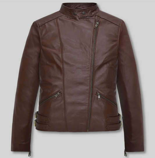 Grace Ashcroft Resident Evil Women's Brown Leather Biker Jacket — close-up of the collar and front