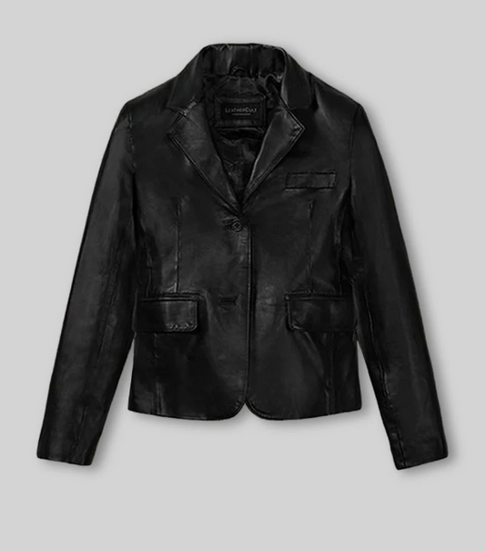 Women's Black Leather Blazer — front view