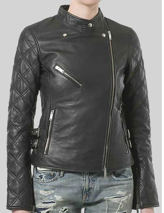 Women's Black Quilted Leather Biker Jacket — front view on model
