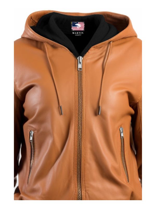 Leather Jacket Women Brown with Hood