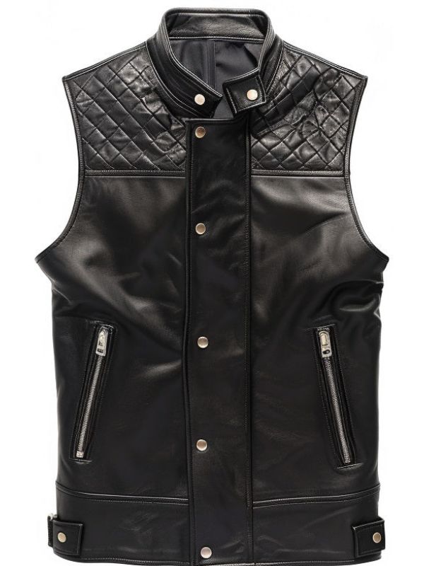 Men Black Leather Vest Quilted Style
