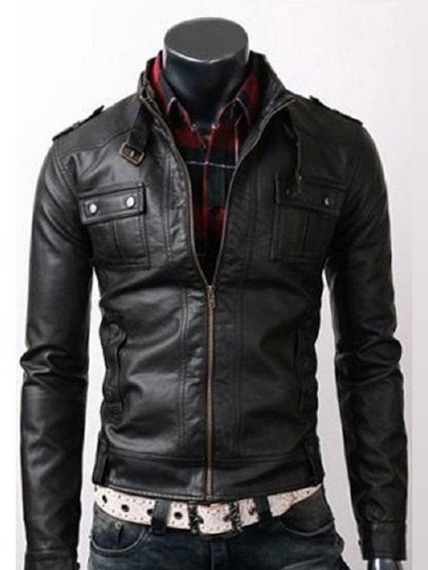 Men Black Strap Pocket Biker Leather Jacket
