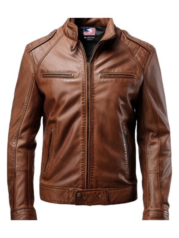 Men Brown Leather Slim fit Jacket - Brown Slim fit Jacket