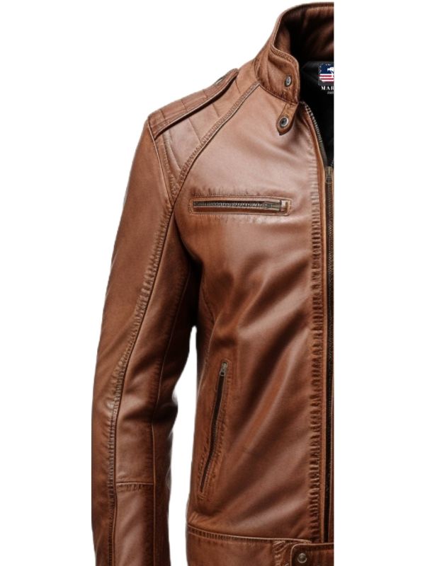 Men Brown Leather Slim fit Jacket - Brown Slim fit Jacket