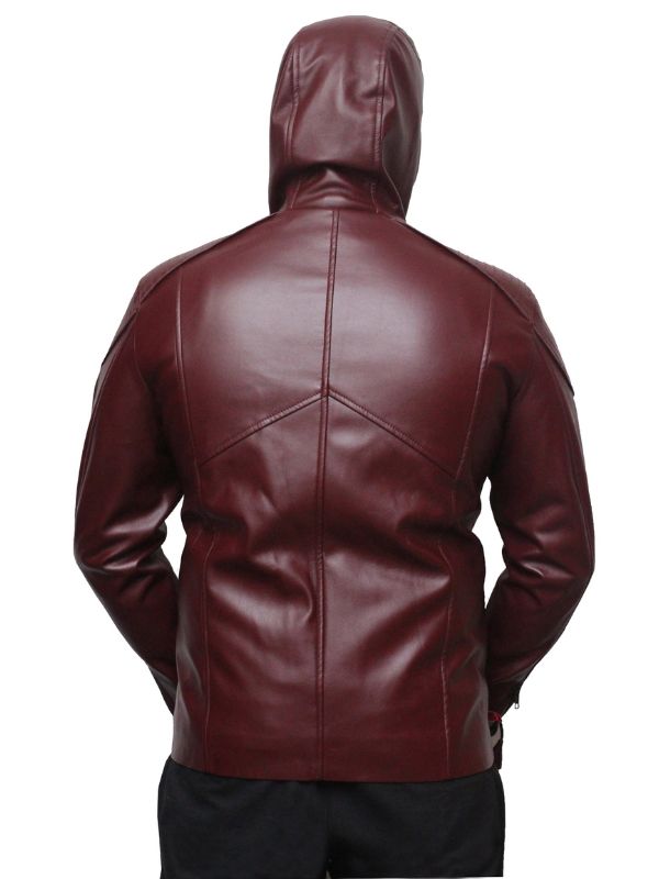 Men Faux Leather Motorcycle Hooded Jacket - Maroon