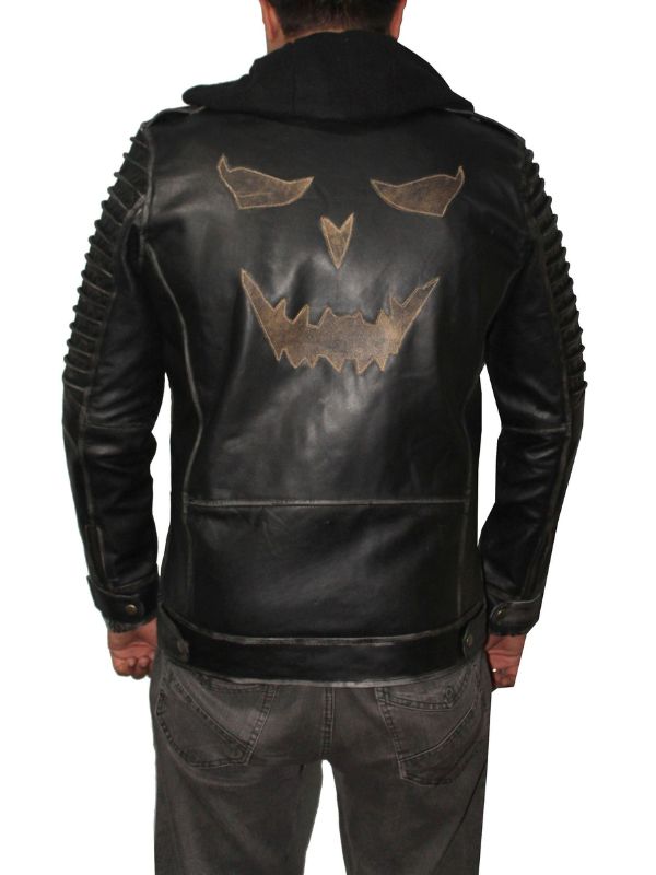 Men Hooded Distressed Ghost Leather Jacket - Black