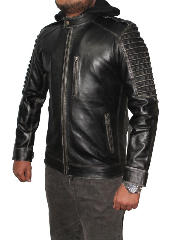 Men Hooded Distressed Ghost Leather Jacket - Black
