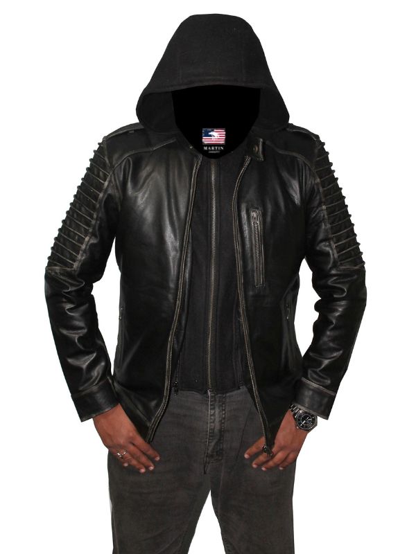 Men Hooded Distressed Ghost Leather Jacket - Black