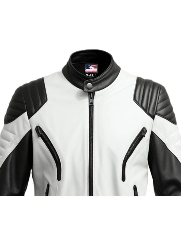 Men Leather Jacket- White and Black Leather Jacket Biker Style