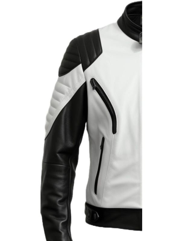 Men Leather Jacket- White and Black Leather Jacket Biker Style