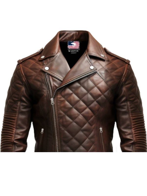 Men Quilted Biker Brown Leather Jacket