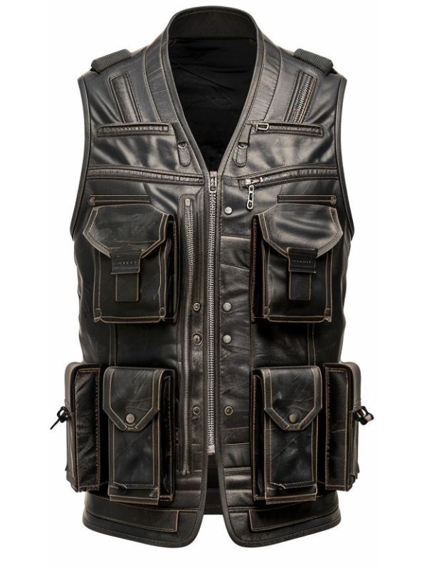 Men Rub off Military Leather Vest