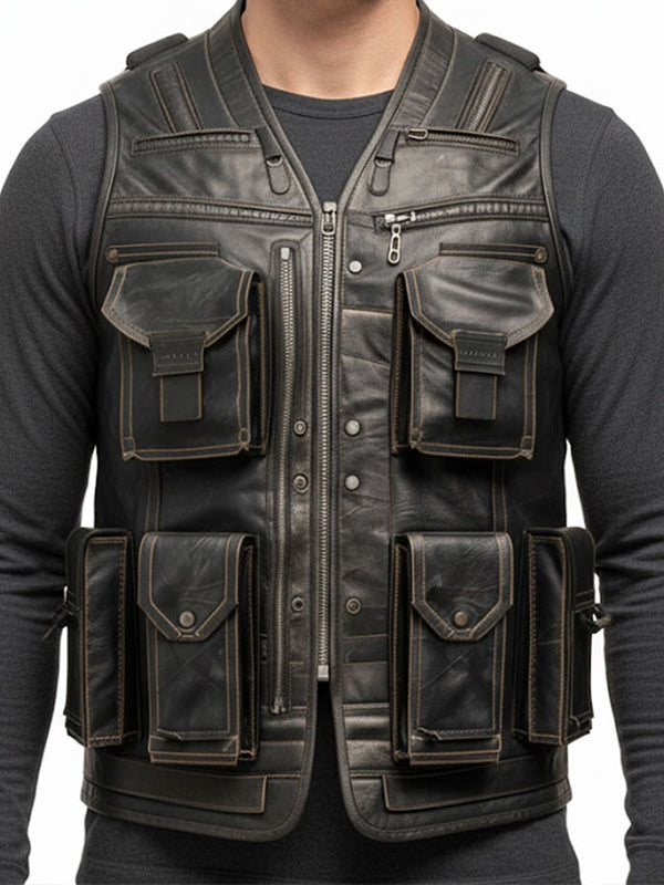 Men Rub off Military Leather Vest