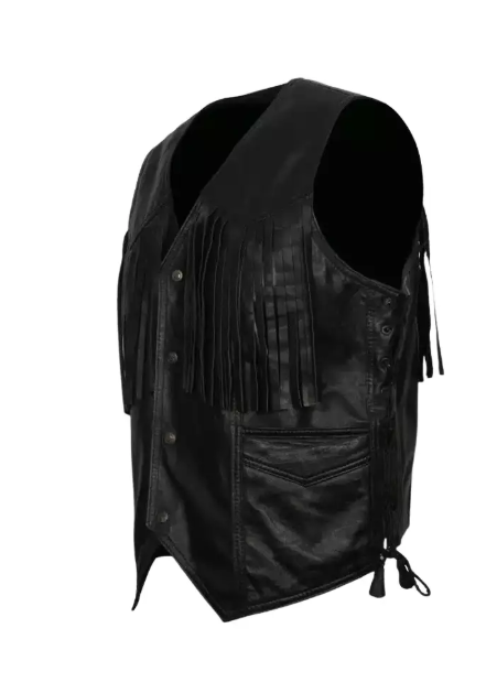 Men Western Cowboy Fringe Black Leather Vest