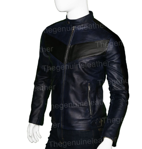 Mens Cafe Racer Navy Blue Biker Leather Jacket