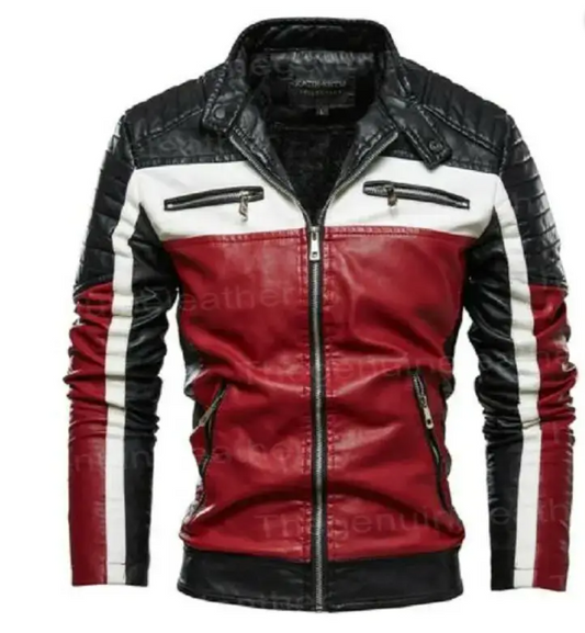 Men's Black Leather Motorcycle Jacket zipper and pocket detail