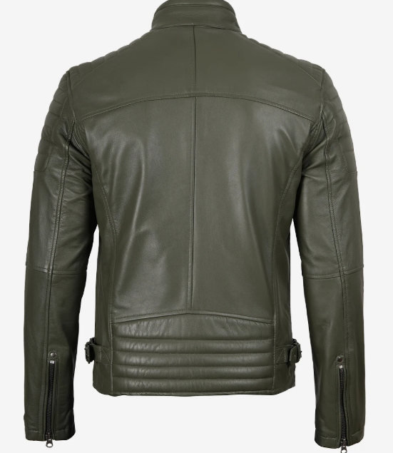 Mens Olive Green Biker Style Leather Jacket