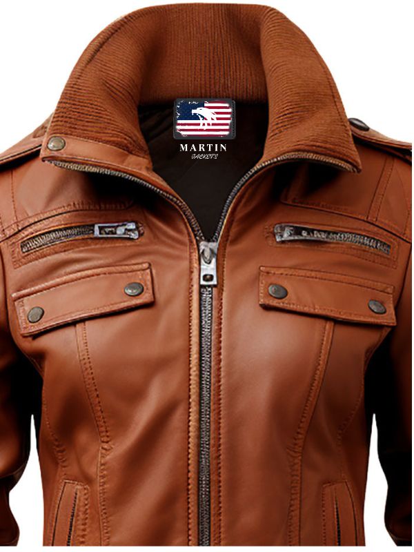 Strap Pocket Leather Jacket Tan Brown