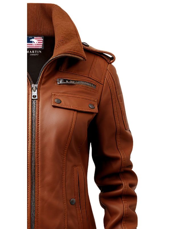 Strap Pocket Leather Jacket Tan Brown