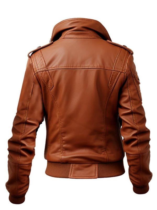 Strap Pocket Leather Jacket Tan Brown