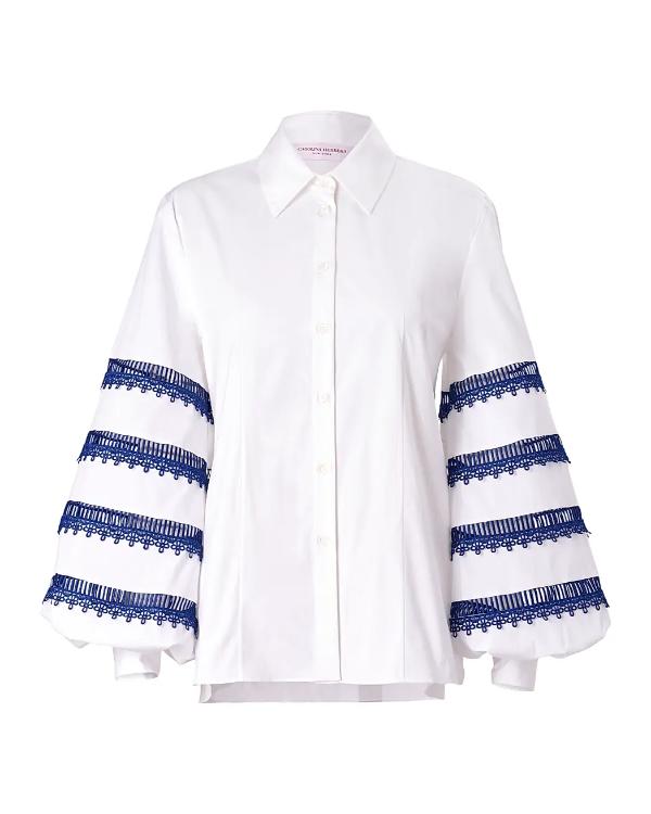 The View 2025 Ana Navarro White & Blue Embroidered Striped Shirt
