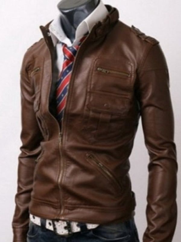 Trendy Zip Pocket Light Brown Leather Jacket