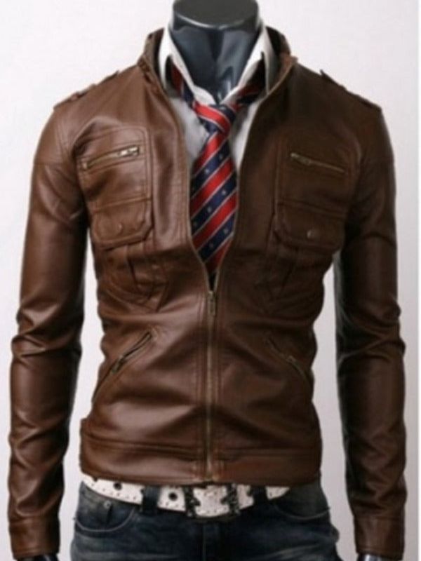 Trendy Zip Pocket Light Brown Leather Jacket