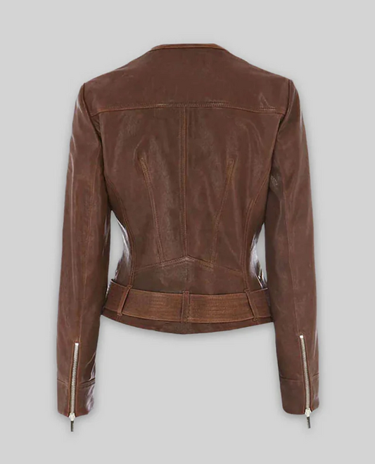 Women's Brown Leather Biker Jacket with Herringbone Lapels — front view on model