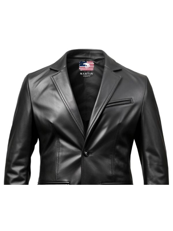 Two Button Men Black Leather Blazer - Leather Blazer for Men