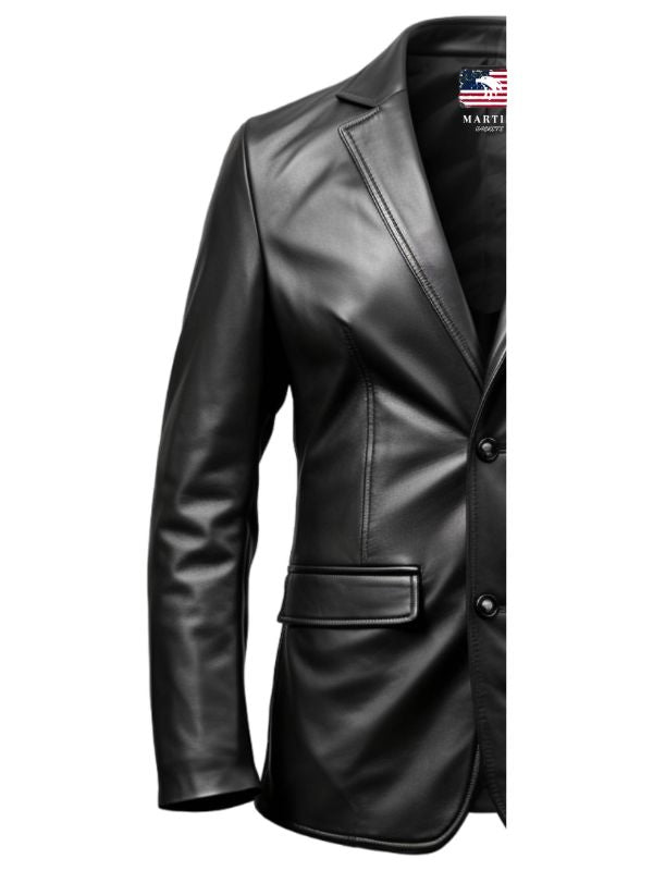 Two Button Men Black Leather Blazer - Leather Blazer for Men