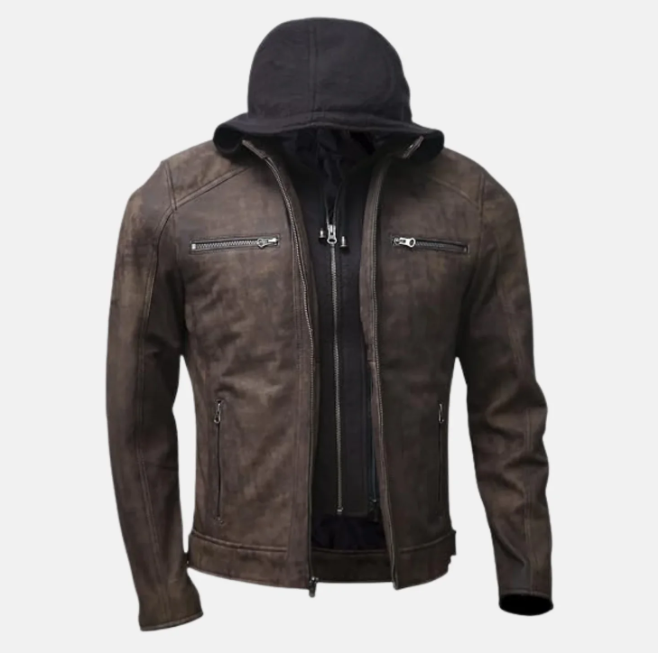 Vortex Removable Hood Mens Leather Motorcycle Jacket