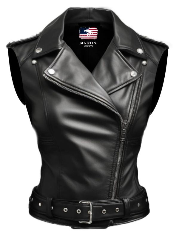 Women Black Stylish Biker Style Leather Vest