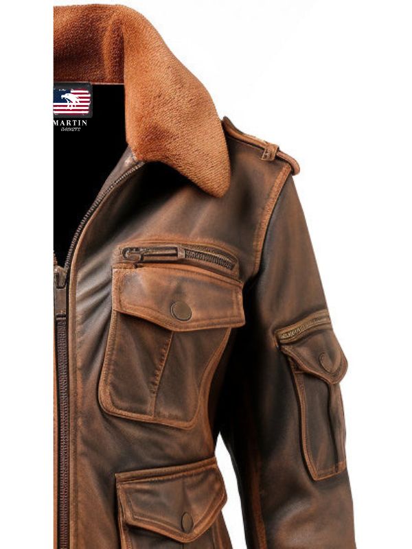 Women Brown Bomber Leather Jacket Distressed