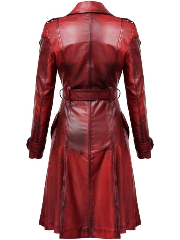 Women Distressed Red Leather Long Coat